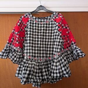 Pankaj & Nidhi Anthropologie Gingham Blouse with Floral Embroidery Swing Top